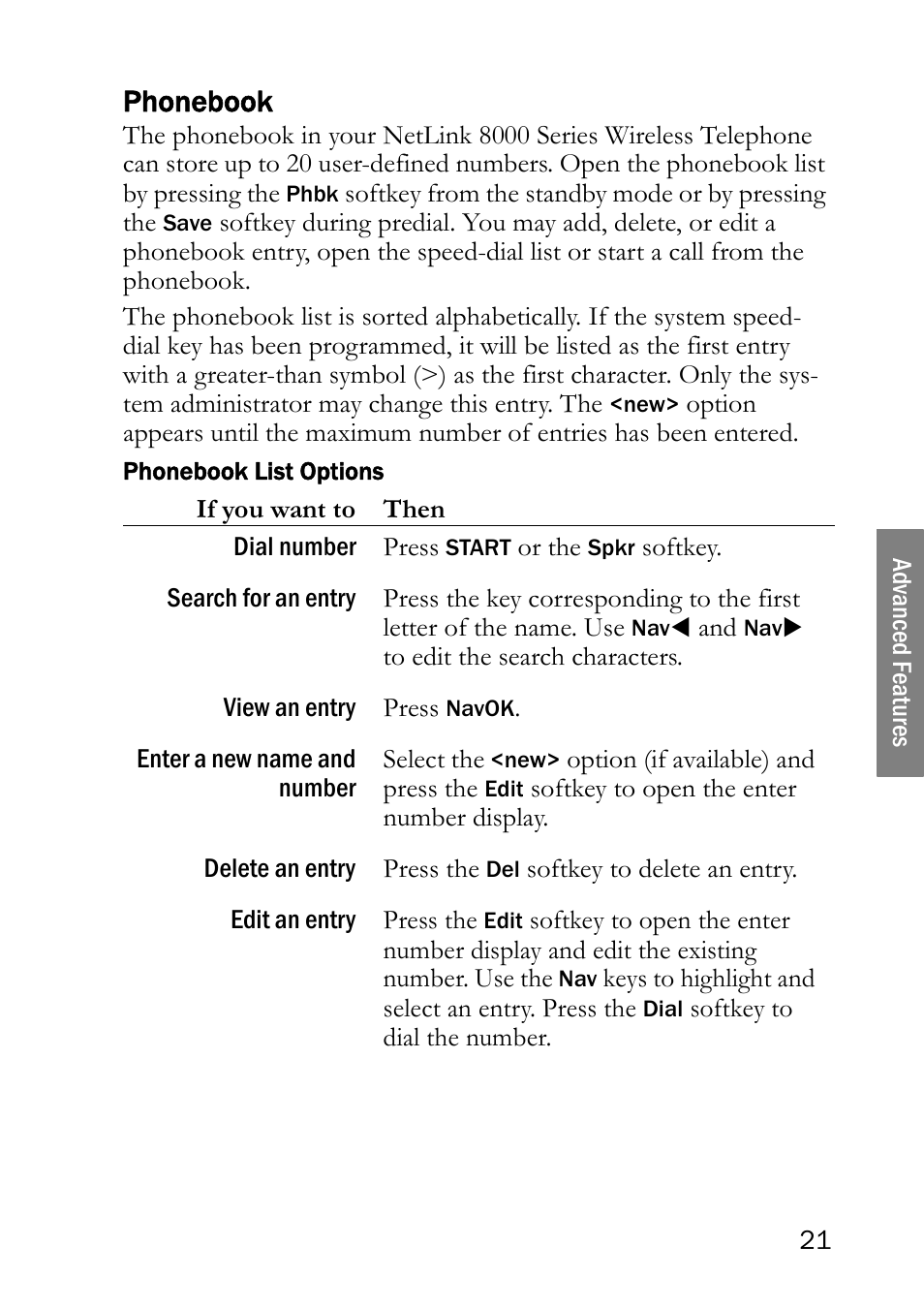 Phonebook, Phonebook list options | SpectraLink NetLink 8000 User Manual | Page 21 / 48