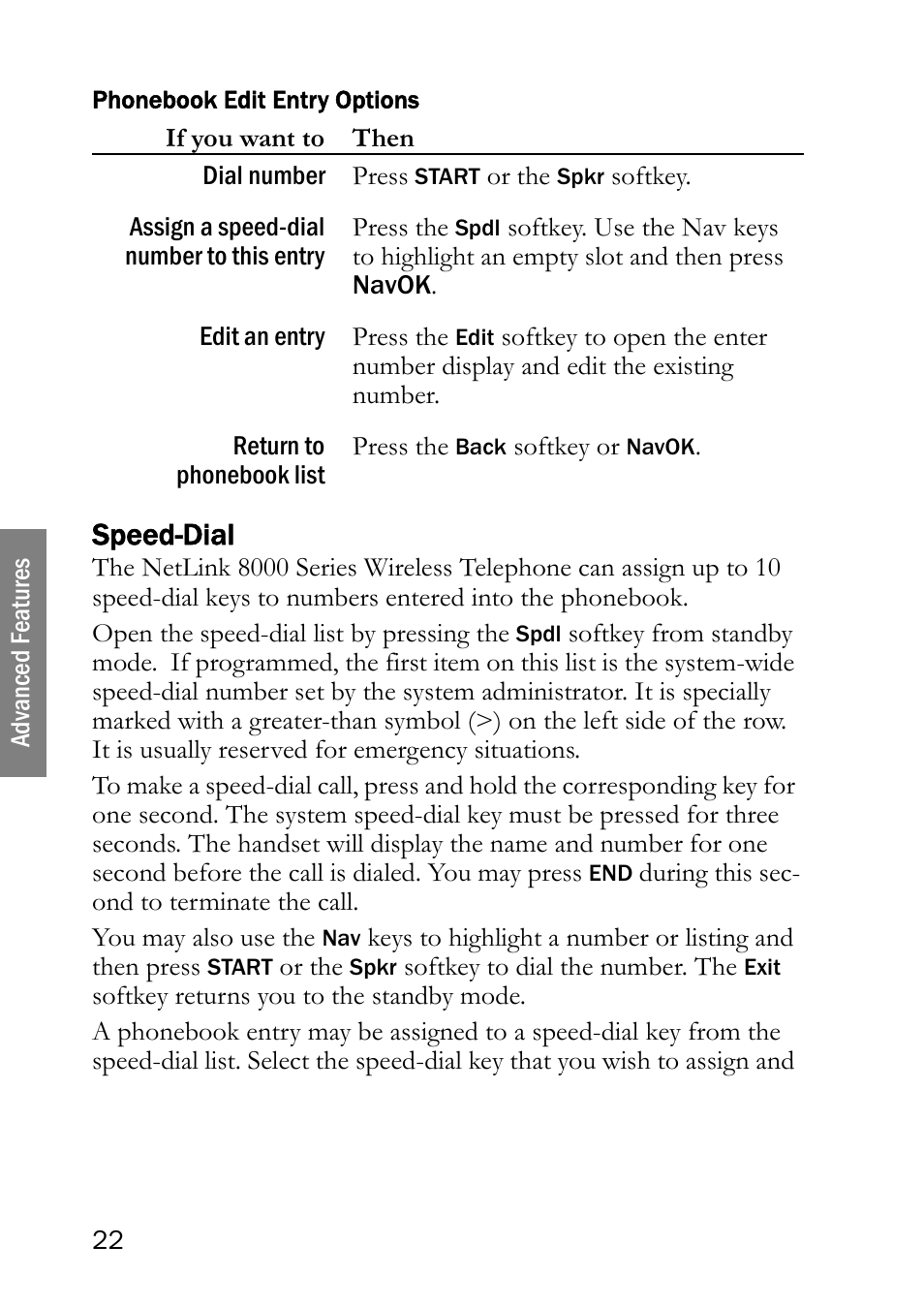Phonebook edit entry options, Speed-dial | SpectraLink NetLink 8000 User Manual | Page 22 / 48