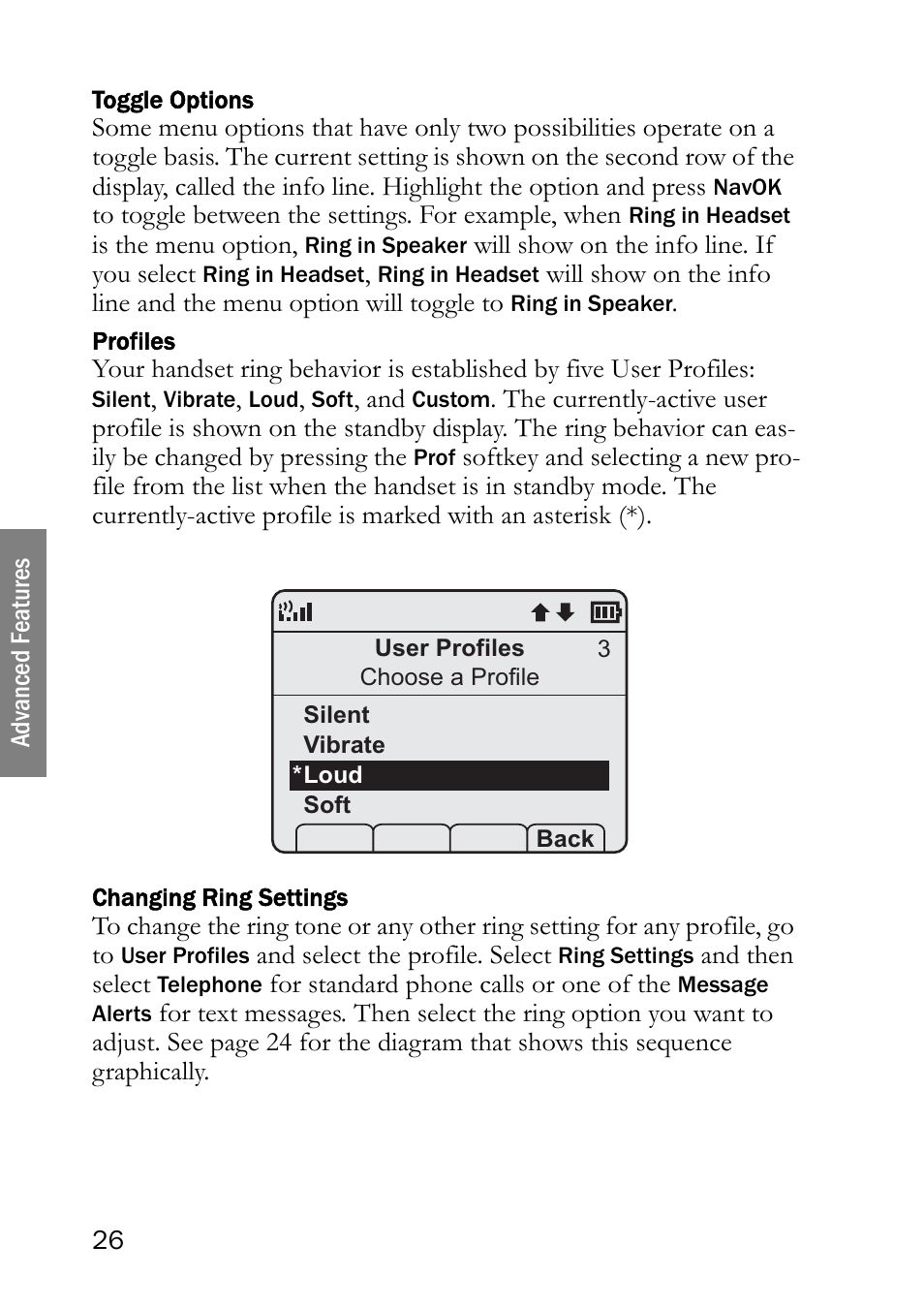 Toggle options, Profiles, Changing ring settings | Toggle options profiles changing ring settings | SpectraLink NetLink 8000 User Manual | Page 26 / 48