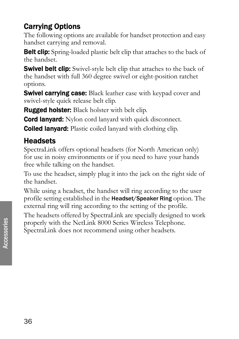 Carrying options, Headsets, Carrying options headsets | SpectraLink NetLink 8000 User Manual | Page 36 / 48