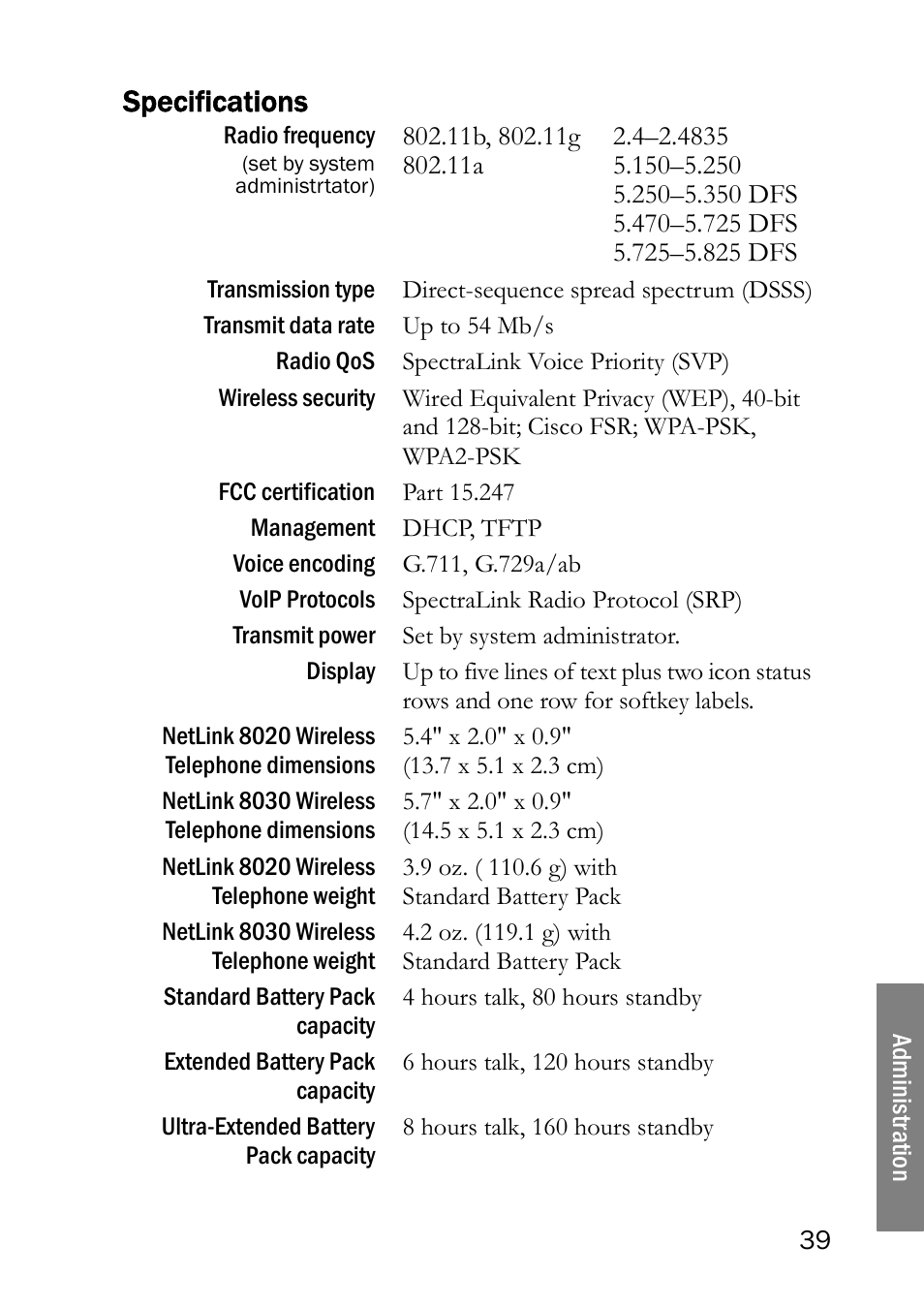 Specifications | SpectraLink NetLink 8000 User Manual | Page 39 / 48