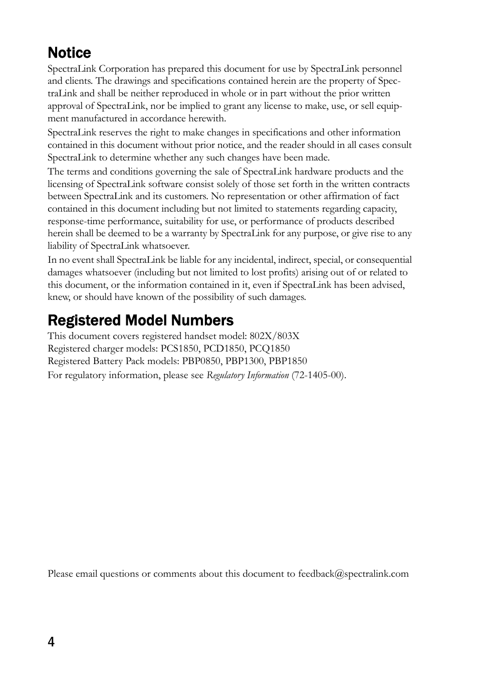 Notice, Registered model numbers | SpectraLink NetLink 8000 User Manual | Page 4 / 48