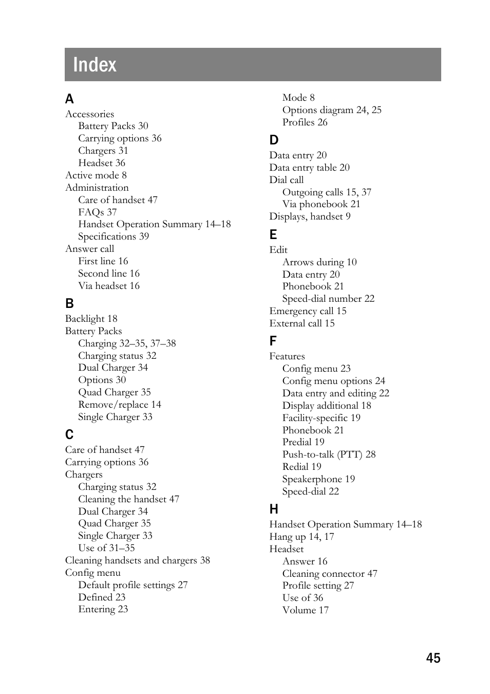 Index | SpectraLink NetLink 8000 User Manual | Page 45 / 48