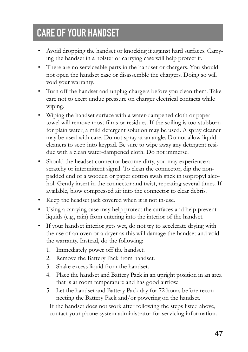Care of your handset, Care of handset 47, Cleaning the handset 47 | Cleaning connector 47 | SpectraLink NetLink 8000 User Manual | Page 47 / 48