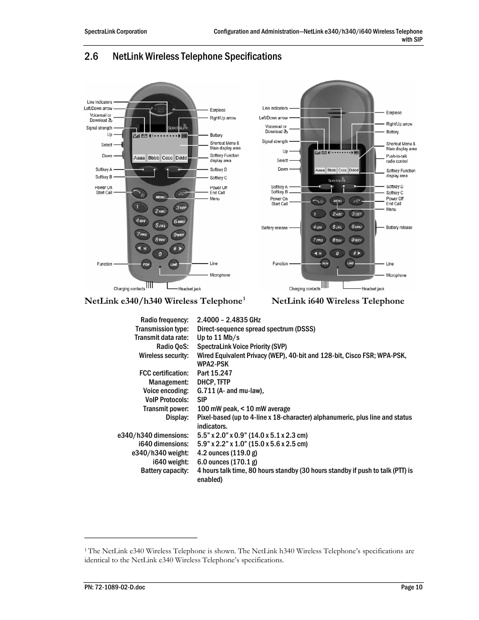 Netlink wireless telephone specifications, 6 netlink wireless telephone specifications | SpectraLink h340 User Manual | Page 10 / 61