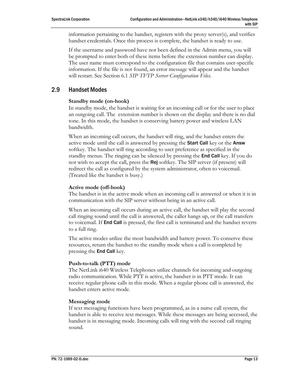 9 handset modes, Handset modes | SpectraLink h340 User Manual | Page 13 / 61