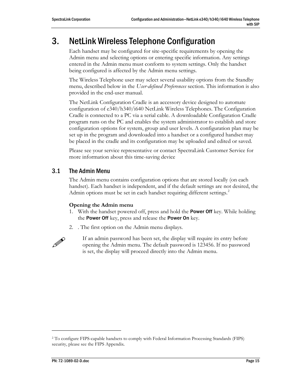 Netlink wireless telephone configuration, 1 the admin menu, The admin menu | SpectraLink h340 User Manual | Page 15 / 61