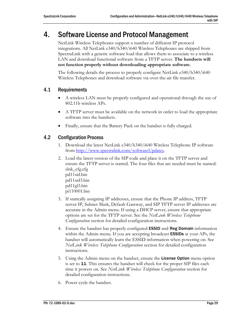 Software license and protocol management, 1 requirements, 2 configuration process | Requirements, Configuration process | SpectraLink h340 User Manual | Page 29 / 61