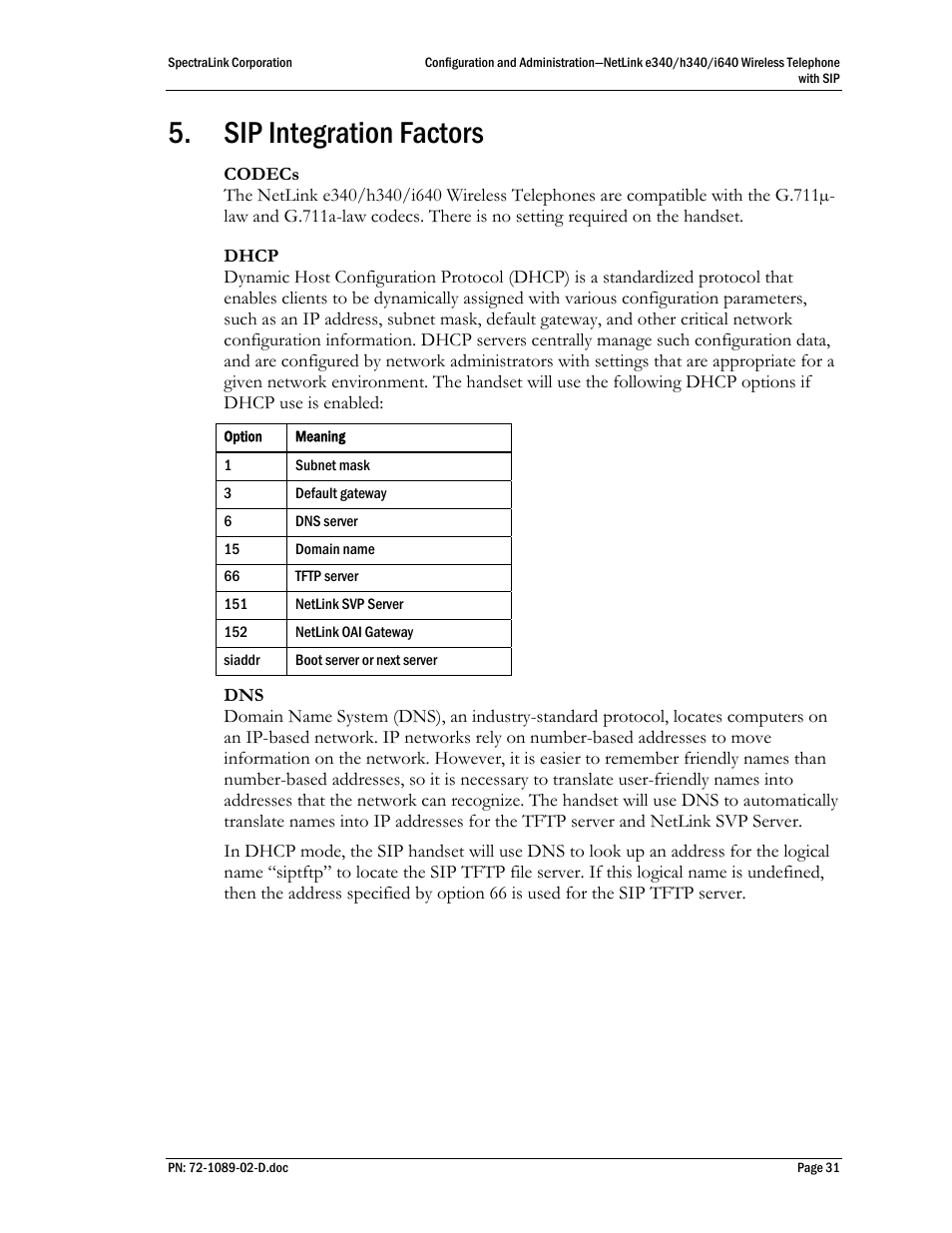 Sip integration factors | SpectraLink h340 User Manual | Page 31 / 61