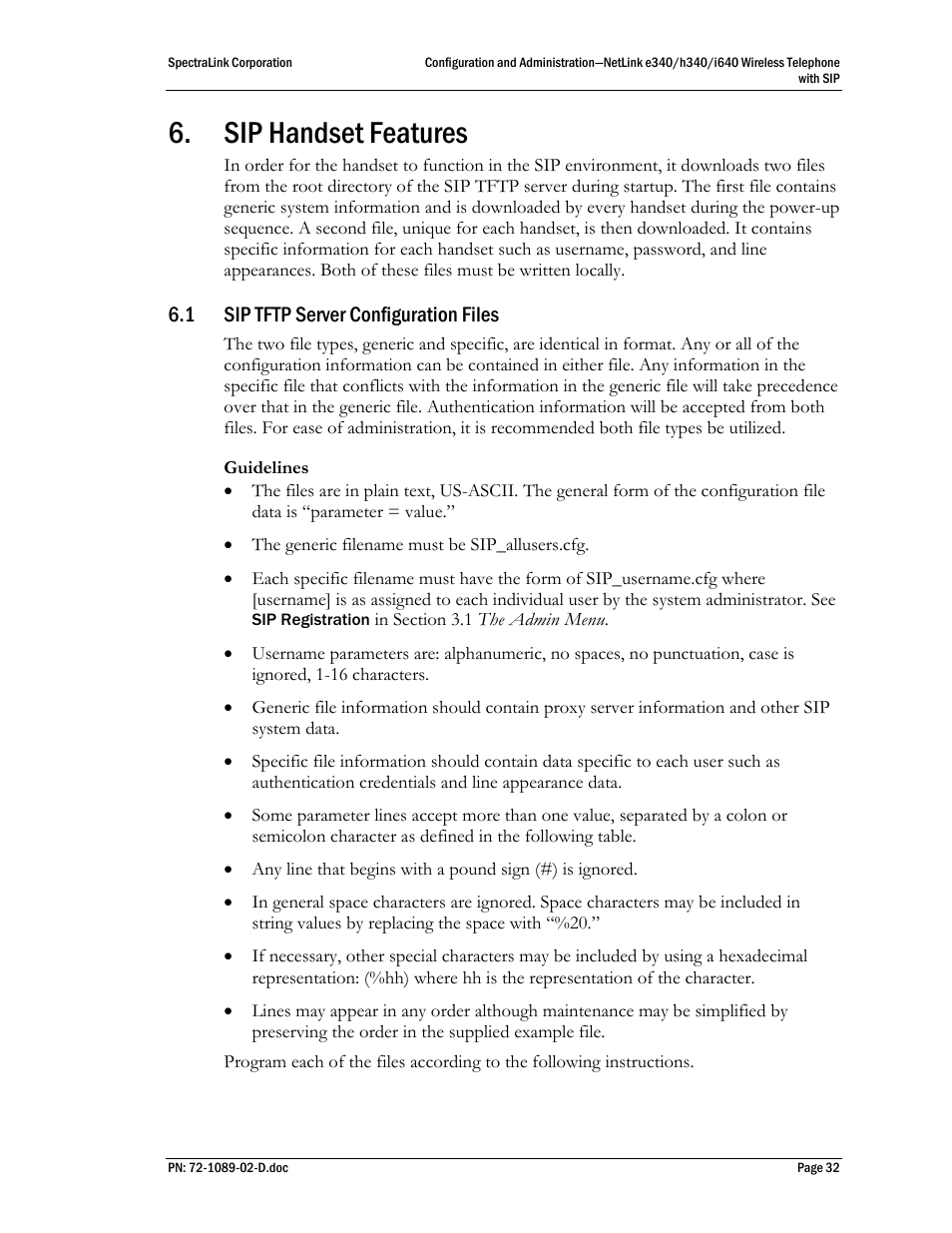 Sip handset features, 1 sip tftp server configuration files, Sip tftp server configuration files | SpectraLink h340 User Manual | Page 32 / 61