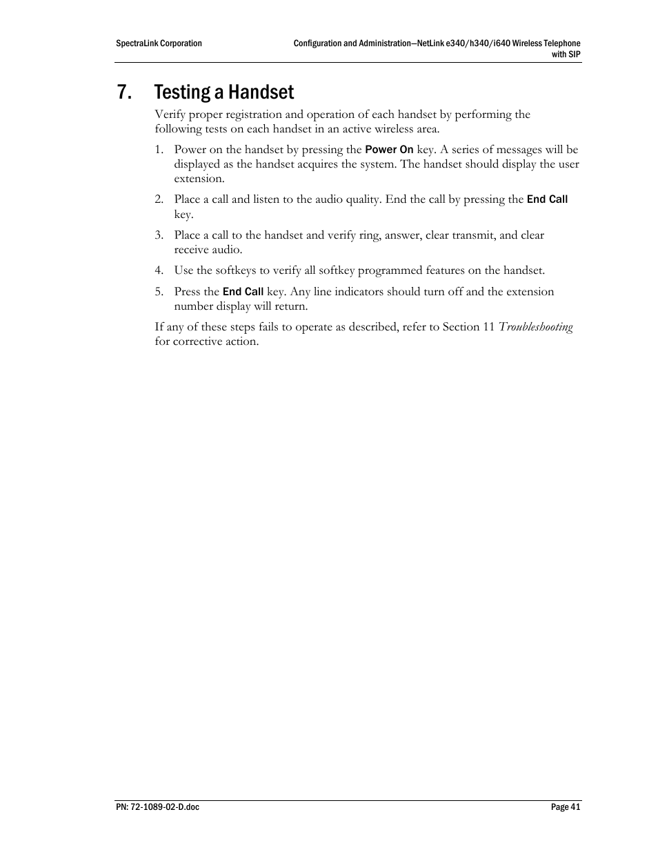 Testing a handset | SpectraLink h340 User Manual | Page 41 / 61