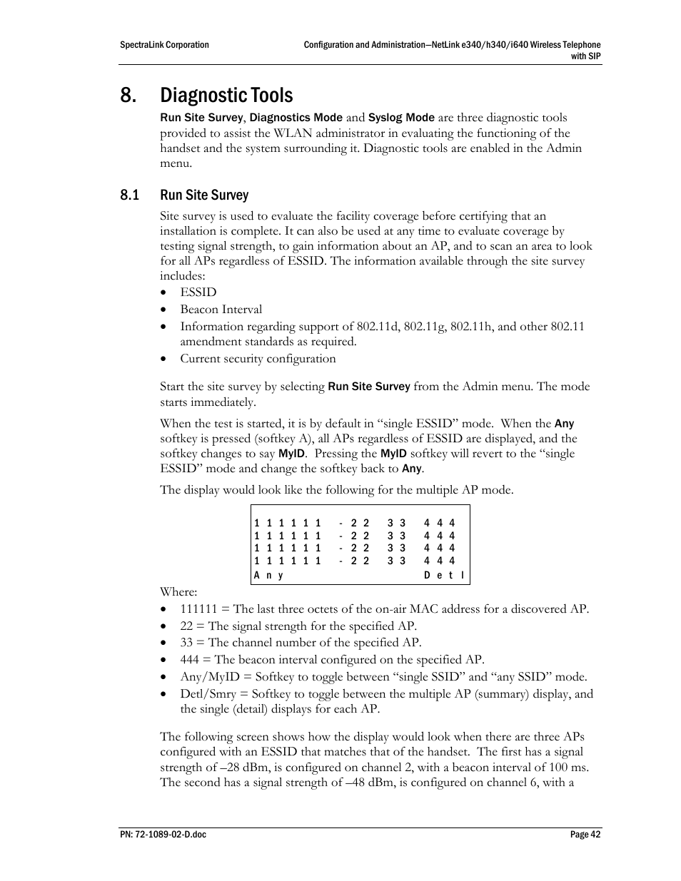 Diagnostic tools, 1 run site survey, Run site survey | SpectraLink h340 User Manual | Page 42 / 61