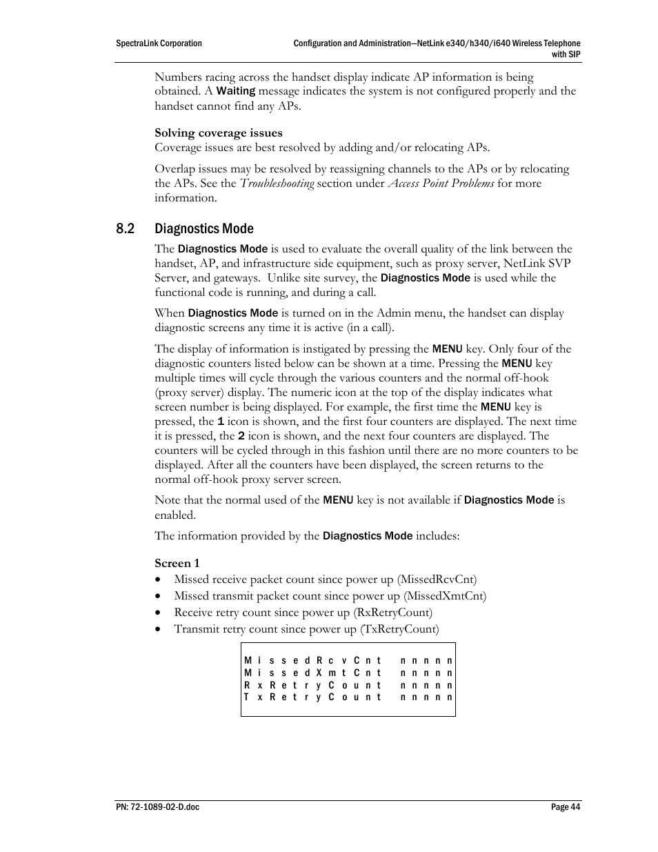 2 diagnostics mode, Diagnostics mode | SpectraLink h340 User Manual | Page 44 / 61