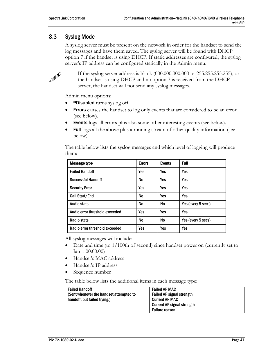 3 syslog mode, Syslog mode | SpectraLink h340 User Manual | Page 47 / 61