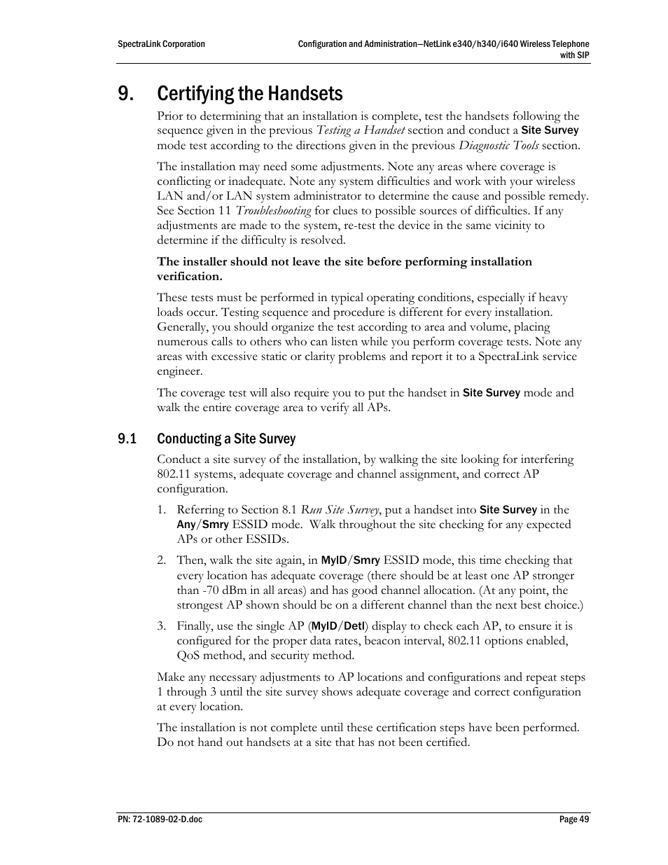 Certifying the handsets, 1 conducting a site survey, Conducting a site survey | SpectraLink h340 User Manual | Page 49 / 61