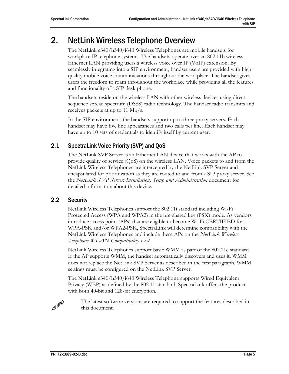 Netlink wireless telephone overview, 1 spectralink voice priority (svp) and qos, 2 security | Spectralink voice priority (svp) and qos, Security | SpectraLink h340 User Manual | Page 5 / 61