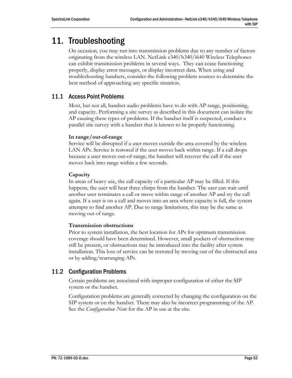 Troubleshooting, 1 access point problems, 2 configuration problems | Access point problems, Configuration problems | SpectraLink h340 User Manual | Page 52 / 61