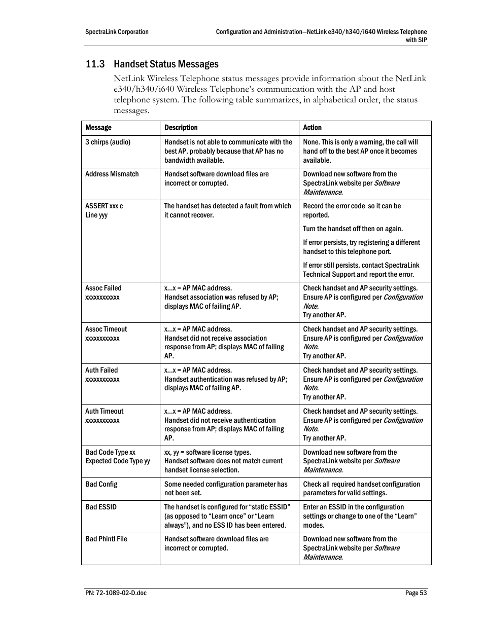 3 handset status messages, Handset status messages | SpectraLink h340 User Manual | Page 53 / 61