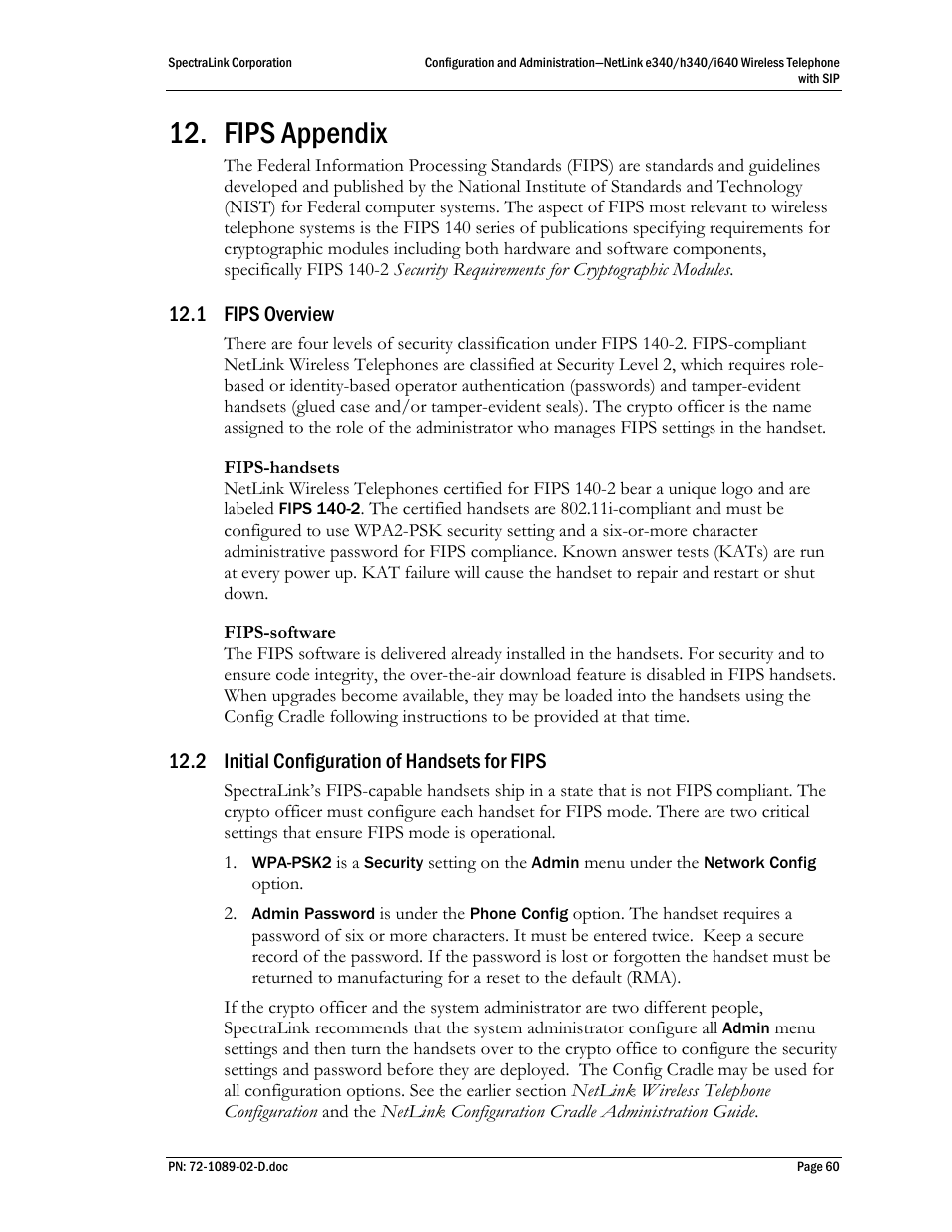 Fips appendix, 1 fips overview, 2 initial configuration of handsets for fips | Fips overview, Initial configuration of handsets for fips | SpectraLink h340 User Manual | Page 60 / 61