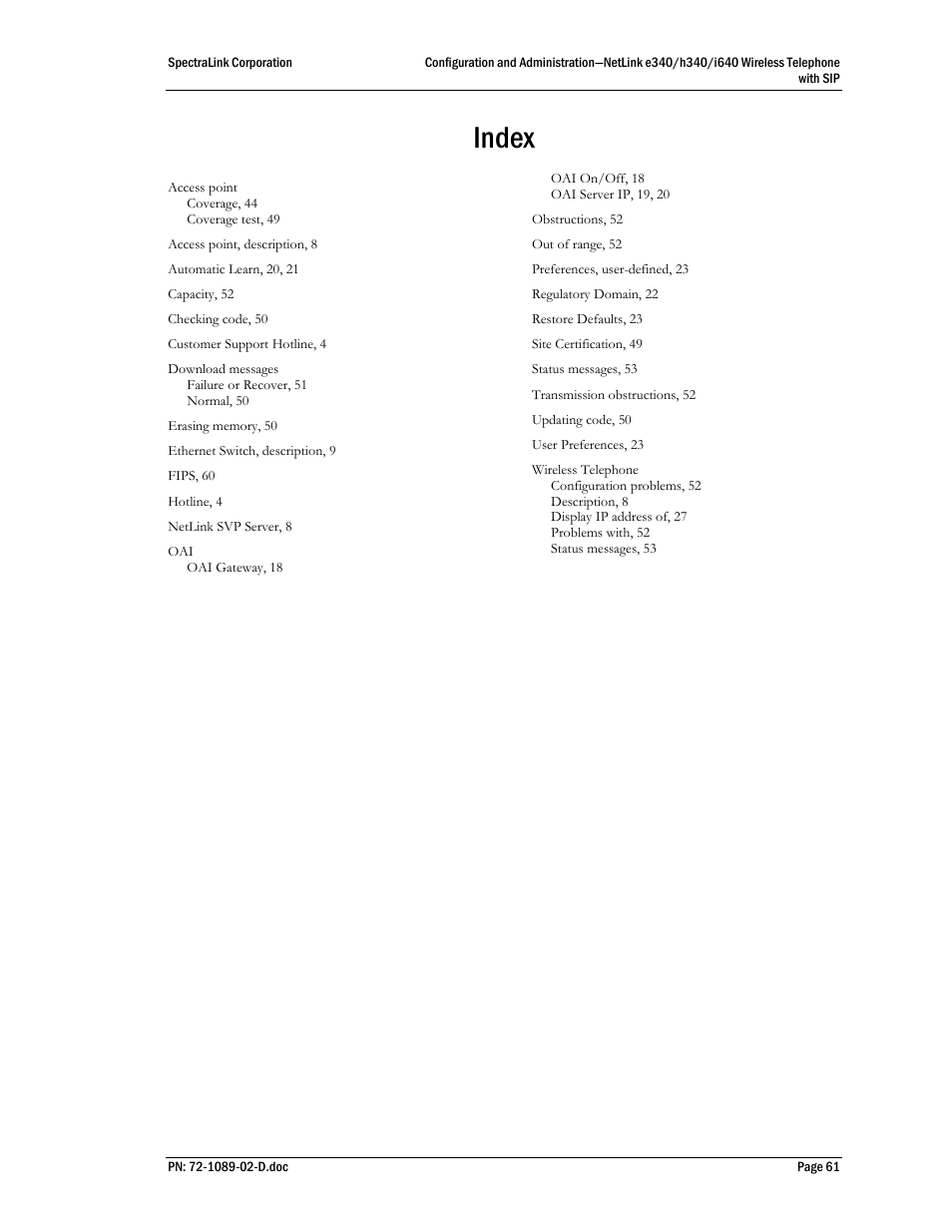 Index | SpectraLink h340 User Manual | Page 61 / 61