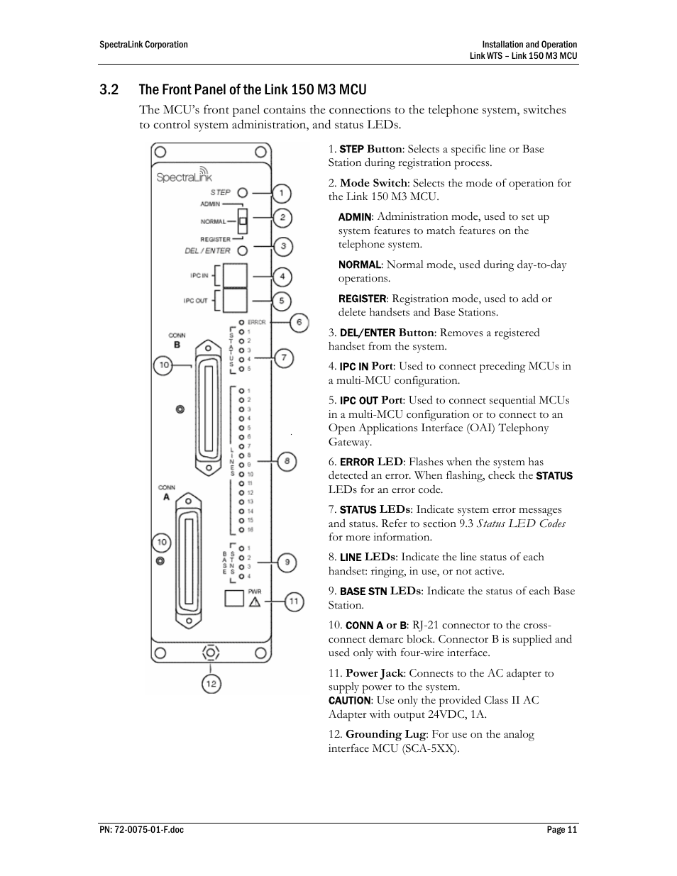 The front panel of the link 150 m3 mcu | SpectraLink Link 150 M3 MCU User Manual | Page 11 / 47