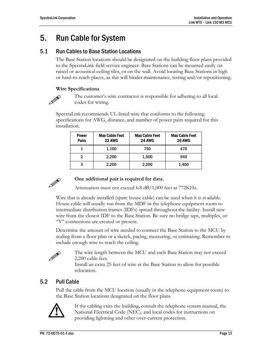 Run cable for system, Run cables to base station locations, Pull cable | SpectraLink Link 150 M3 MCU User Manual | Page 13 / 47