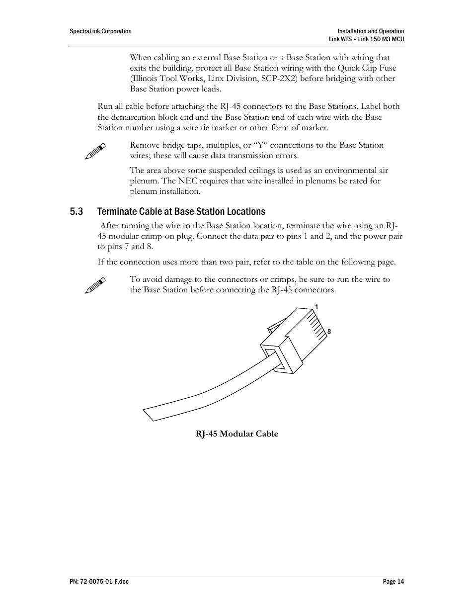 Terminate cable at base station locations | SpectraLink Link 150 M3 MCU User Manual | Page 14 / 47