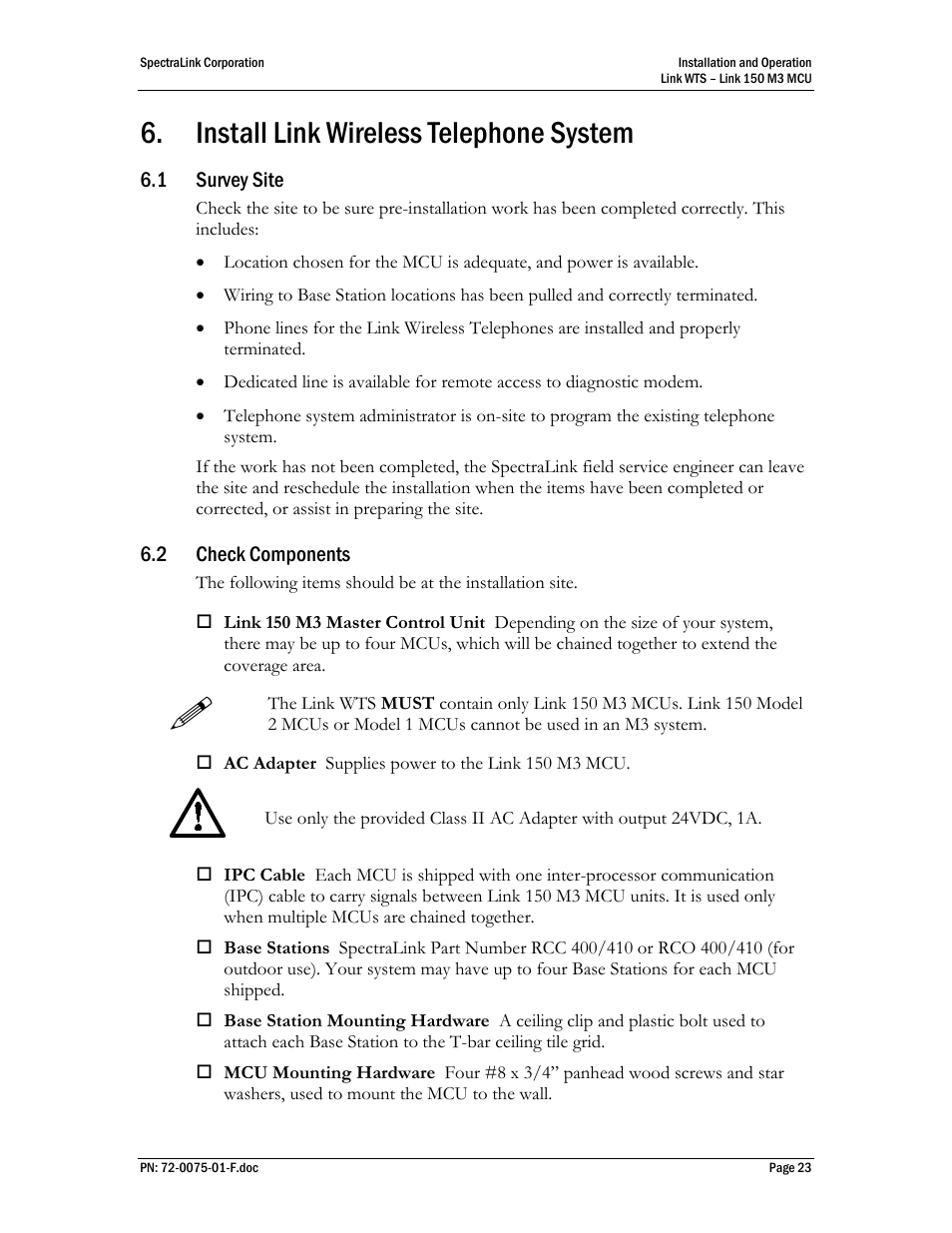 Install link wireless telephone system, Survey site, Check components | SpectraLink Link 150 M3 MCU User Manual | Page 23 / 47