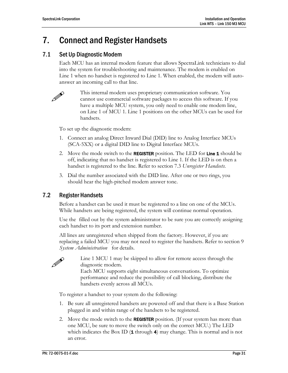 Connect and register handsets, Set up diagnostic modem, Register handsets | SpectraLink Link 150 M3 MCU User Manual | Page 31 / 47