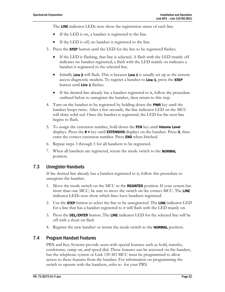 Unregister handsets, Program handset features, 3 unregister handsets | 4 program handset features | SpectraLink Link 150 M3 MCU User Manual | Page 32 / 47