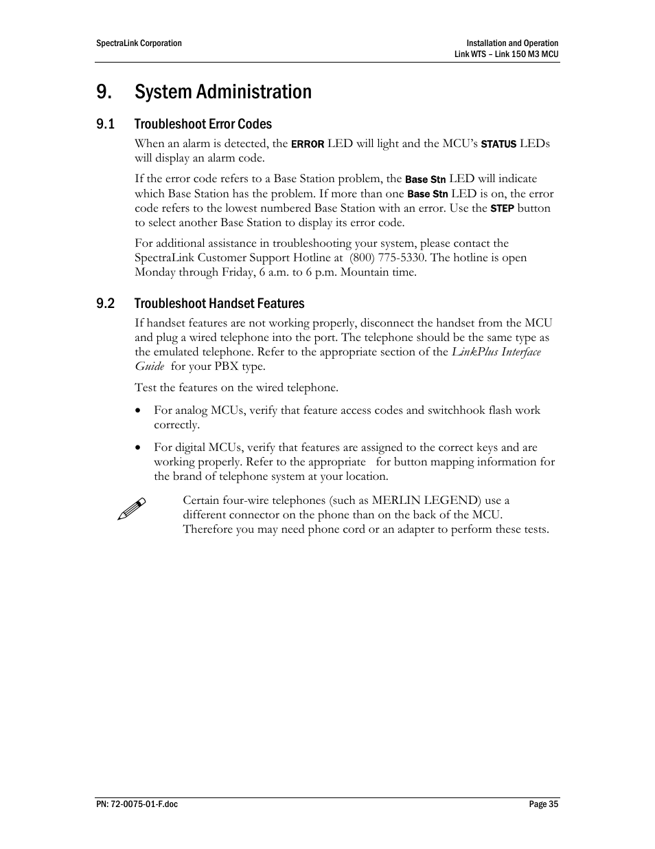 System administration, Troubleshoot error codes, Troubleshoot handset features | SpectraLink Link 150 M3 MCU User Manual | Page 35 / 47