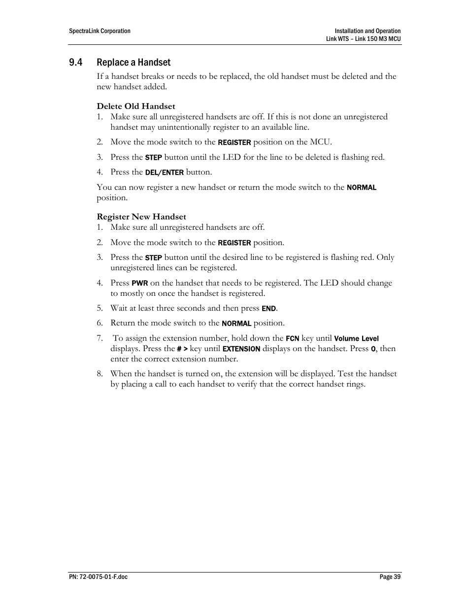 Replace a handset, 4 replace a handset | SpectraLink Link 150 M3 MCU User Manual | Page 39 / 47