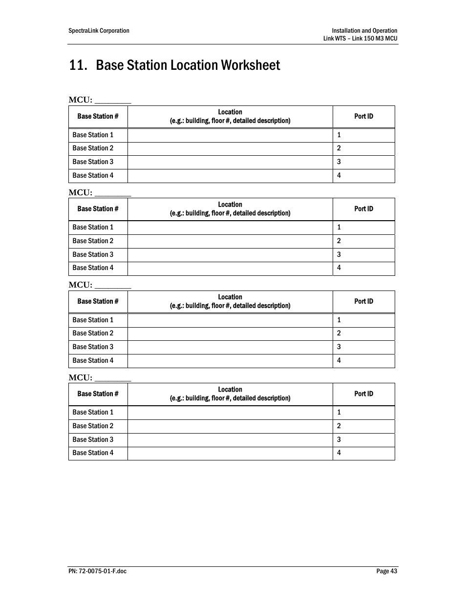 Base station location worksheet | SpectraLink Link 150 M3 MCU User Manual | Page 43 / 47