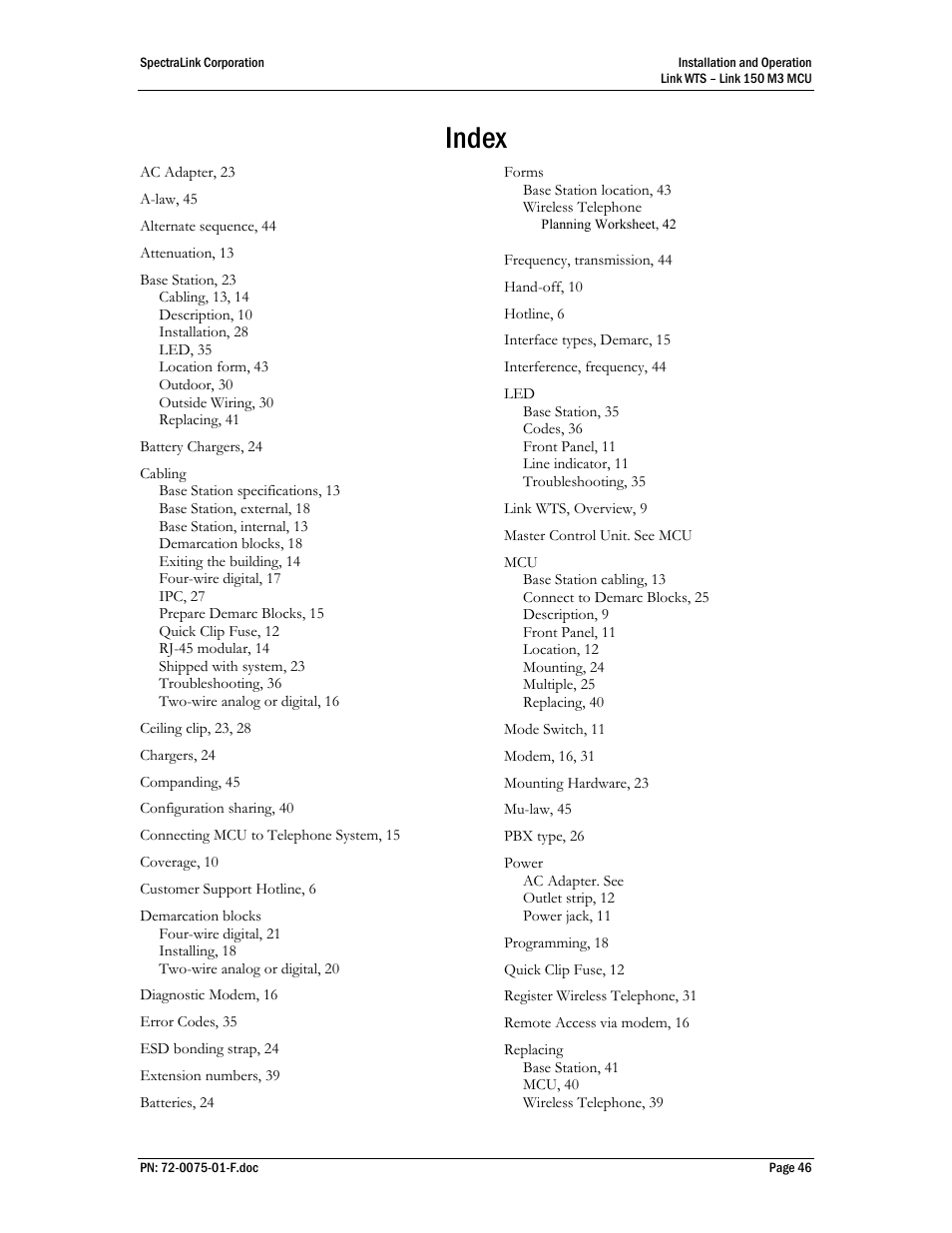 Index | SpectraLink Link 150 M3 MCU User Manual | Page 46 / 47