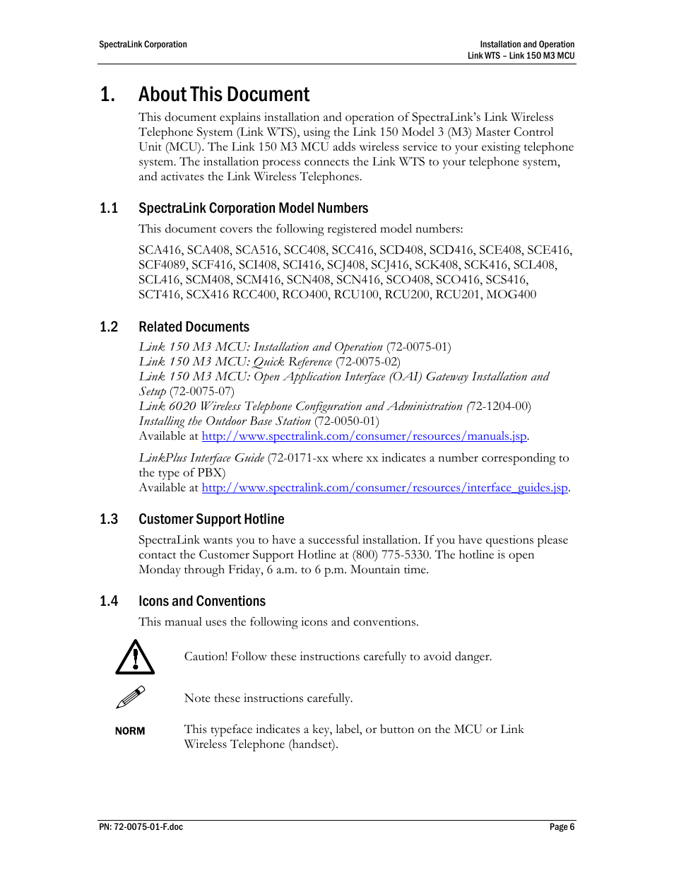 About this document, Spectralink corporation model numbers, Related documents | Customer support hotline, Icons and conventions | SpectraLink Link 150 M3 MCU User Manual | Page 6 / 47