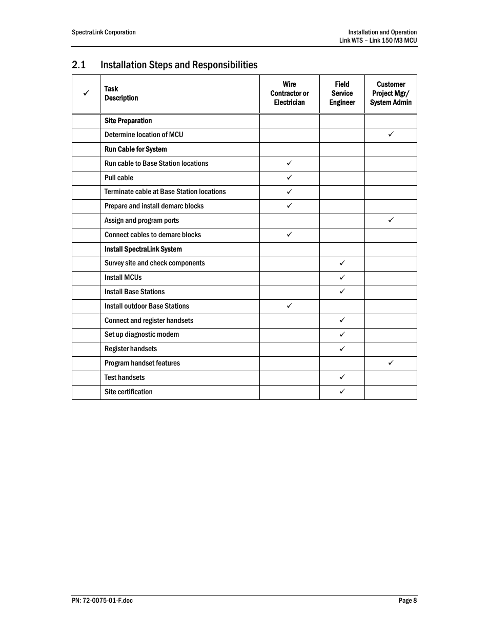 Installation steps and responsibilities, 1 installation steps and responsibilities | SpectraLink Link 150 M3 MCU User Manual | Page 8 / 47