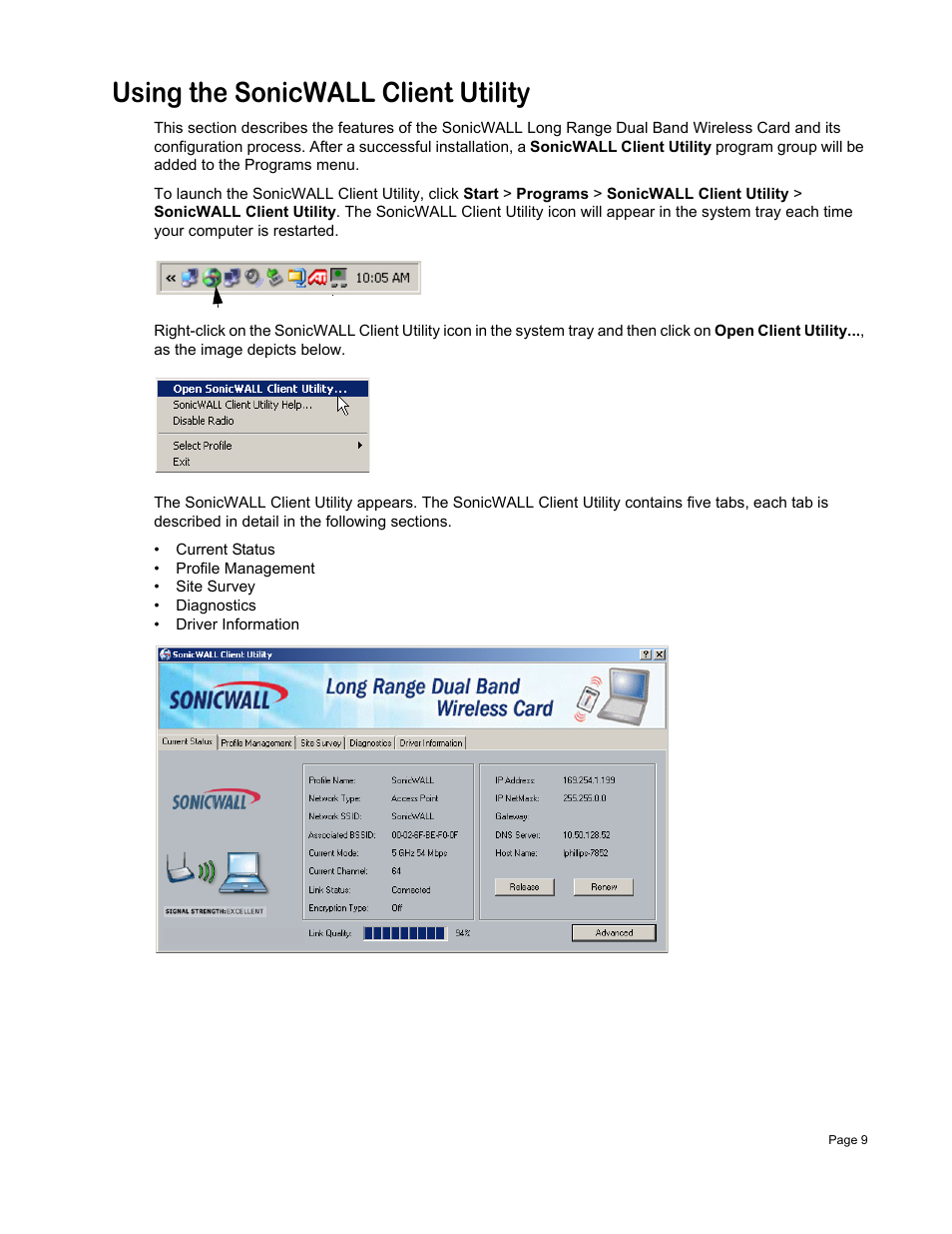 Using the sonicwall client utility | SonicWALL Wireless Card User Manual | Page 10 / 26