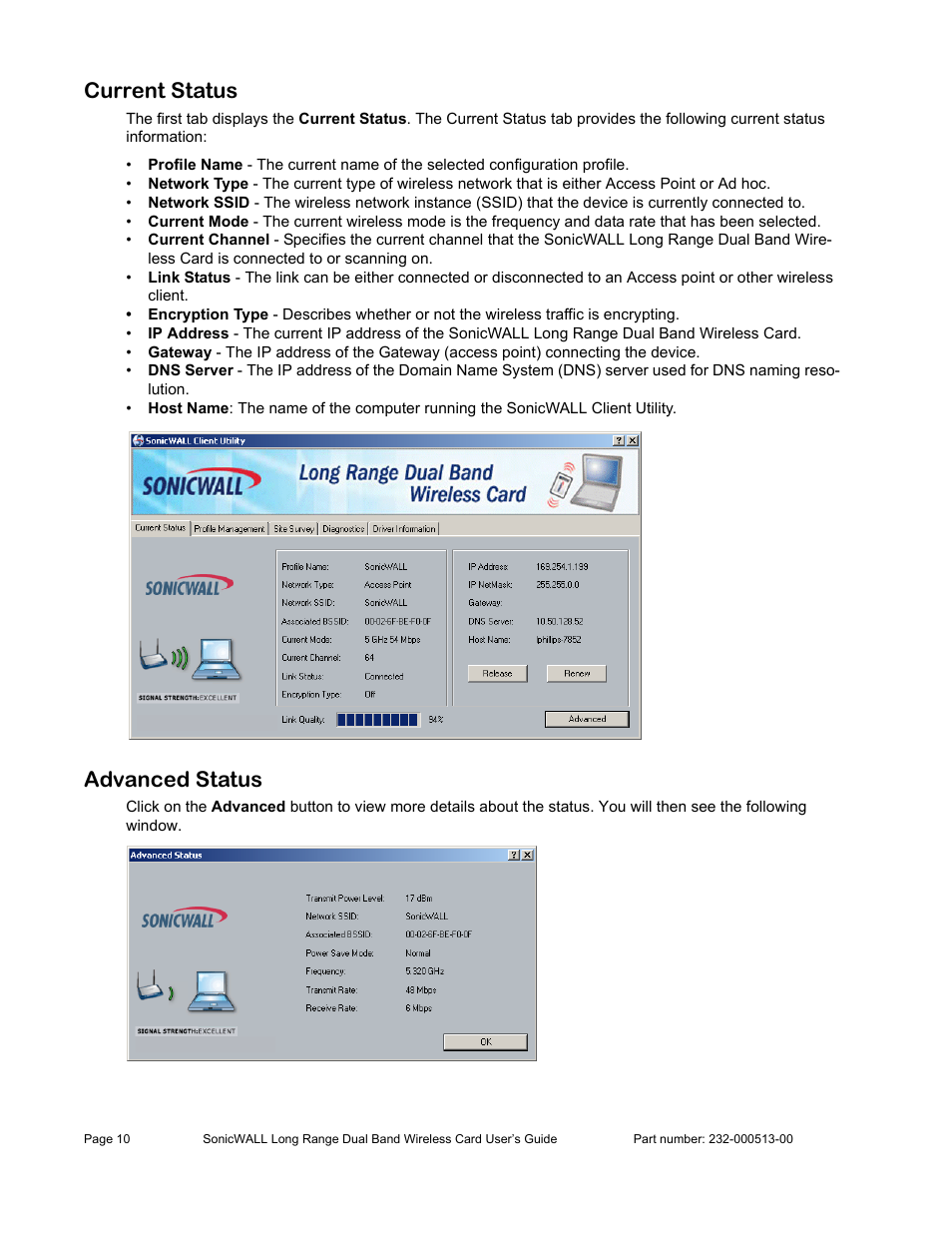 Current status, Advanced status | SonicWALL Wireless Card User Manual | Page 11 / 26
