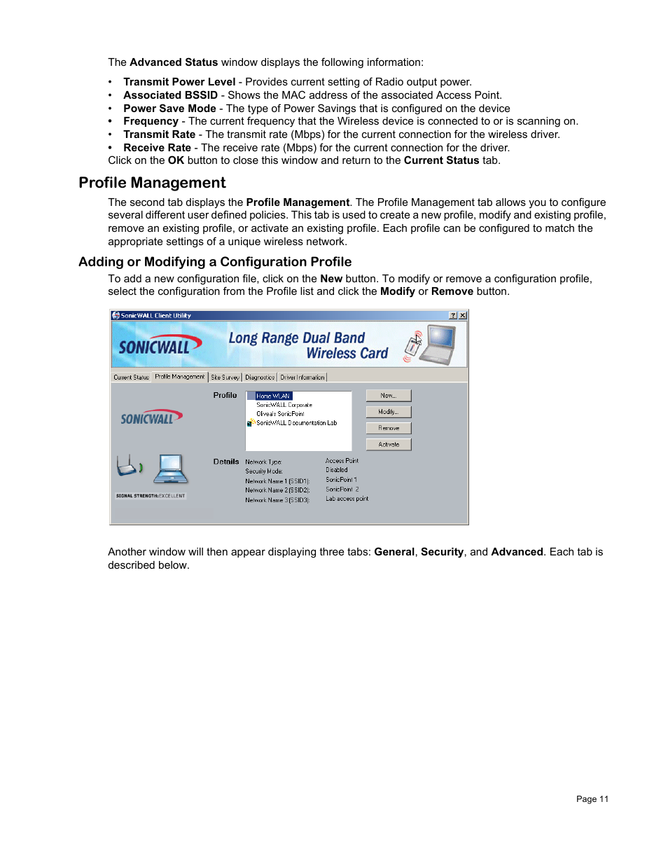 Profile management, Adding or modifying a configuration profile | SonicWALL Wireless Card User Manual | Page 12 / 26