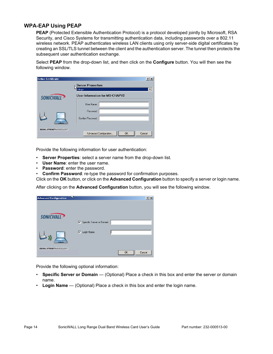 Wpa-eap using peap | SonicWALL Wireless Card User Manual | Page 15 / 26