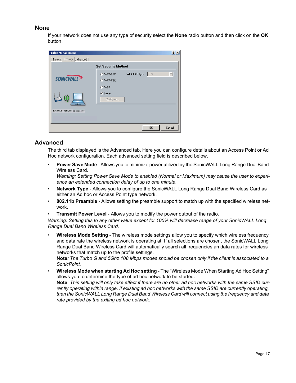 None, Advanced | SonicWALL Wireless Card User Manual | Page 18 / 26