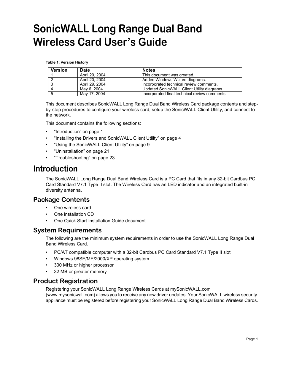 Introduction, Package contents, System requirements | Product registration | SonicWALL Wireless Card User Manual | Page 2 / 26