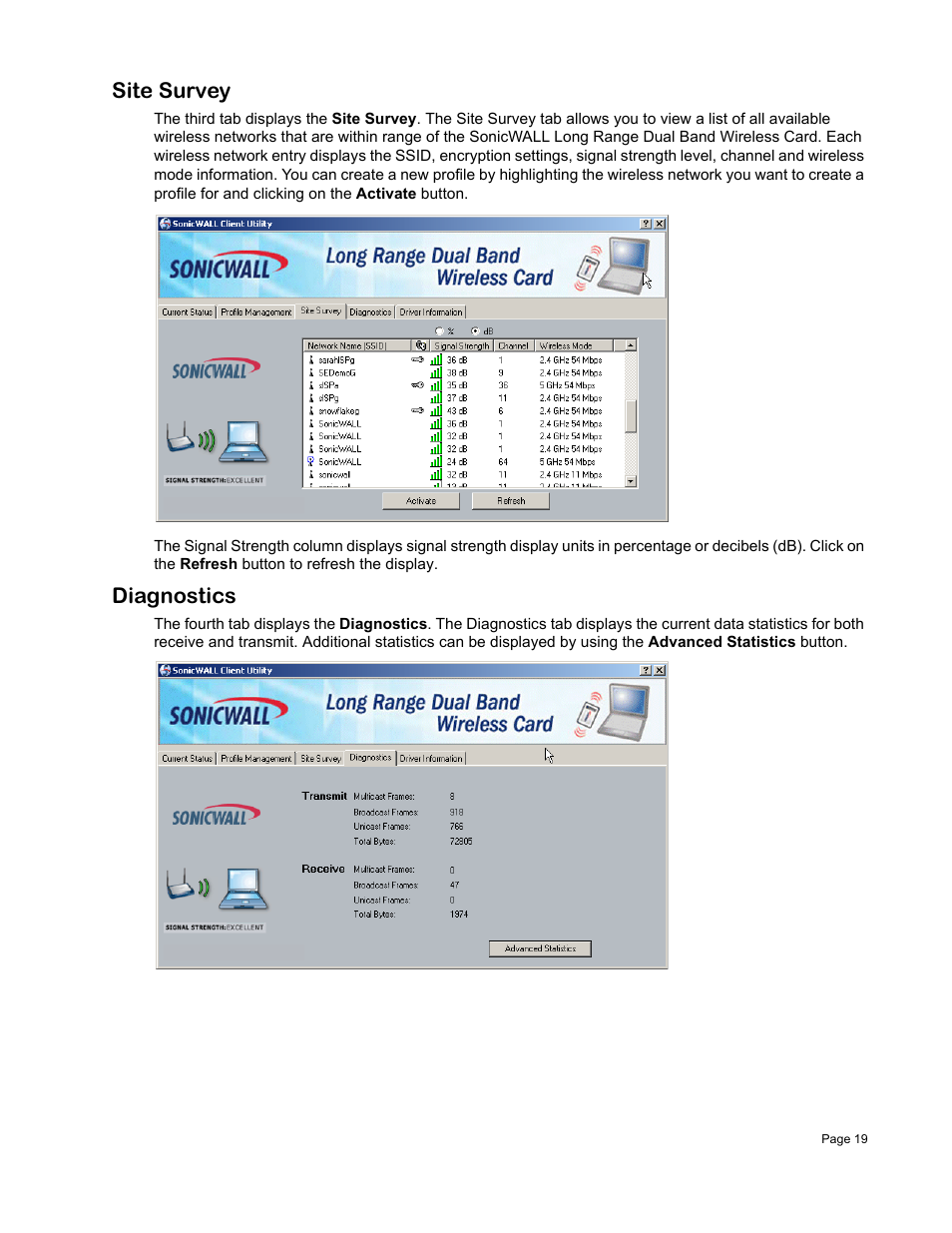 Site survey, Diagnostics | SonicWALL Wireless Card User Manual | Page 20 / 26