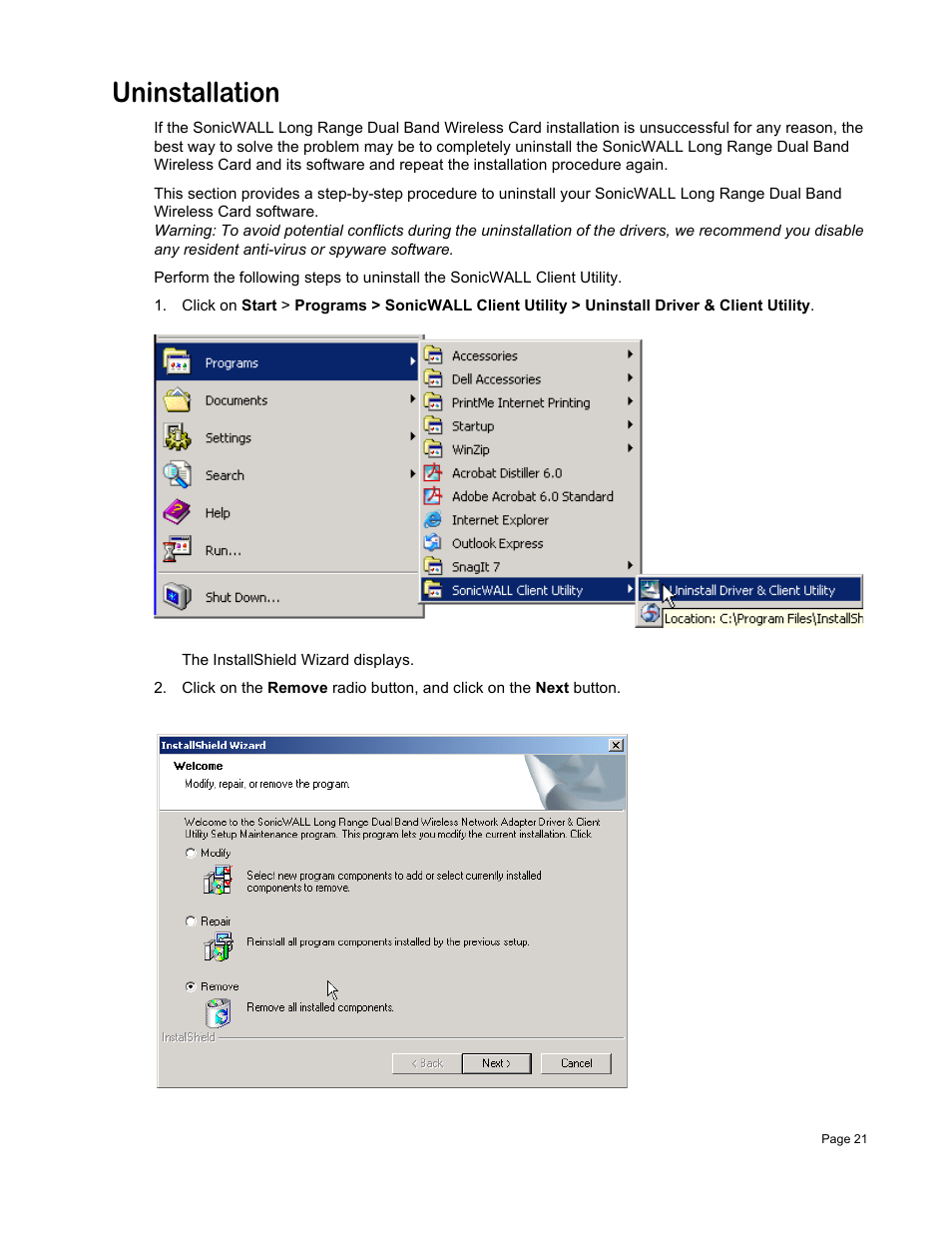 Uninstallation | SonicWALL Wireless Card User Manual | Page 22 / 26