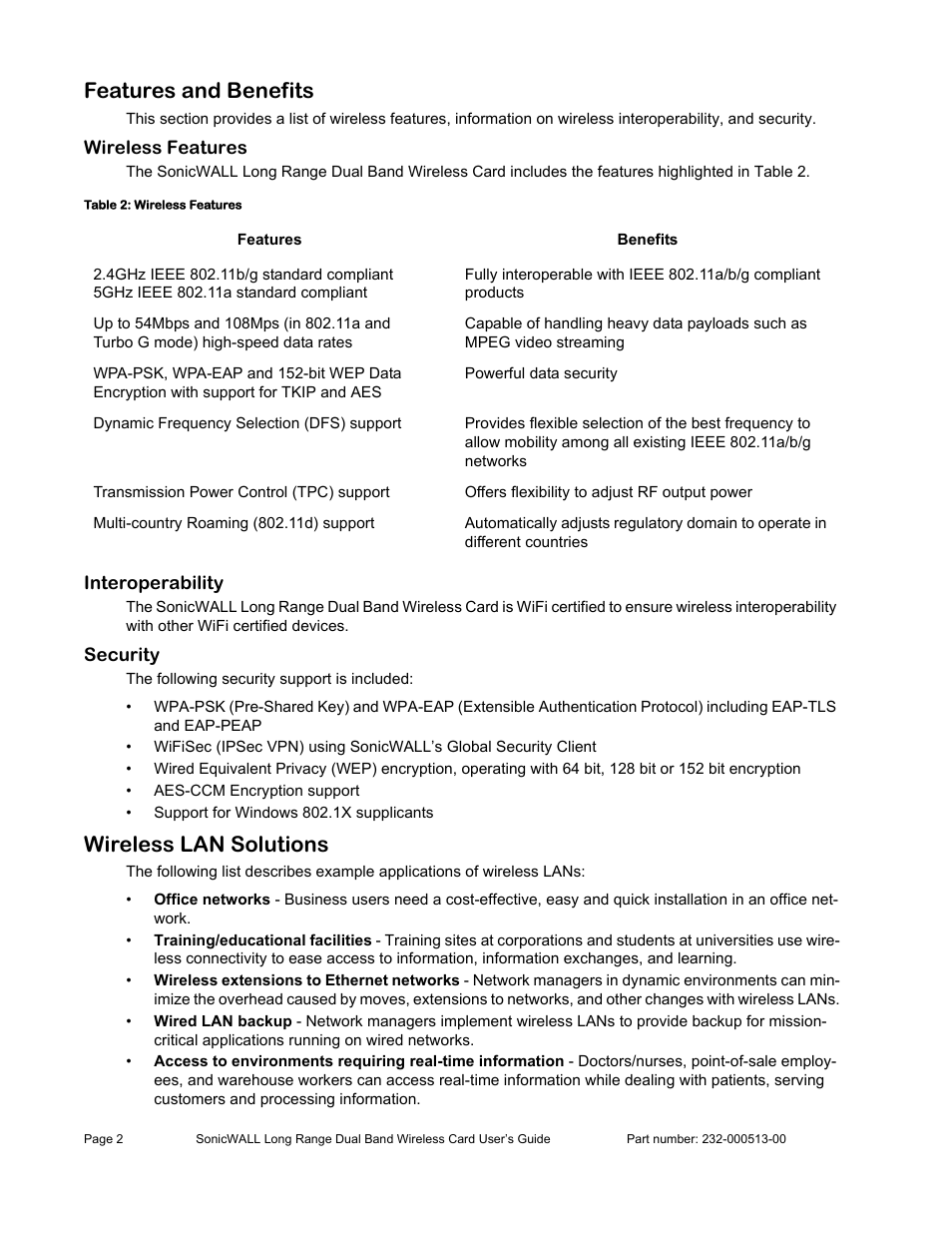 Features and benefits, Wireless features, Interoperability | Security, Wireless lan solutions | SonicWALL Wireless Card User Manual | Page 3 / 26