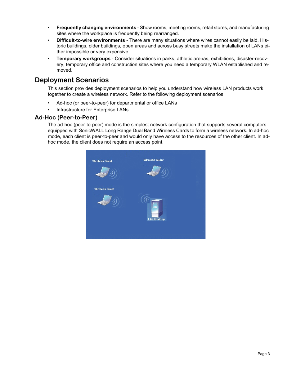 Deployment scenarios, Ad-hoc (peer-to-peer) | SonicWALL Wireless Card User Manual | Page 4 / 26