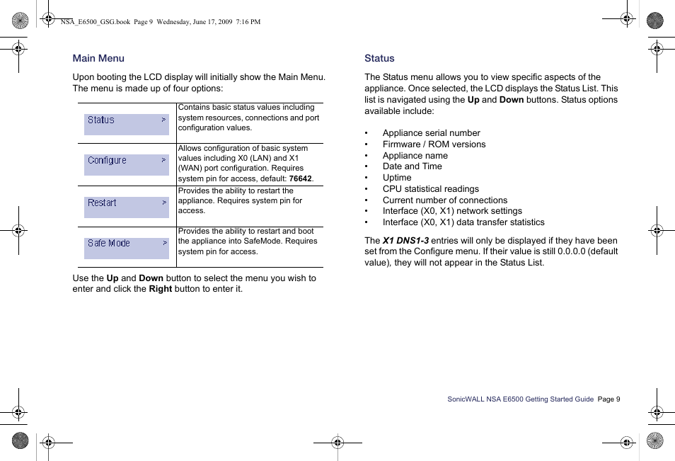 Main menu, Status | SonicWALL EClass NSA E6500 User Manual | Page 10 / 78