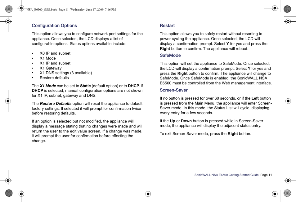 Configuration options, Restart, Safemode | Screen-saver | SonicWALL EClass NSA E6500 User Manual | Page 12 / 78