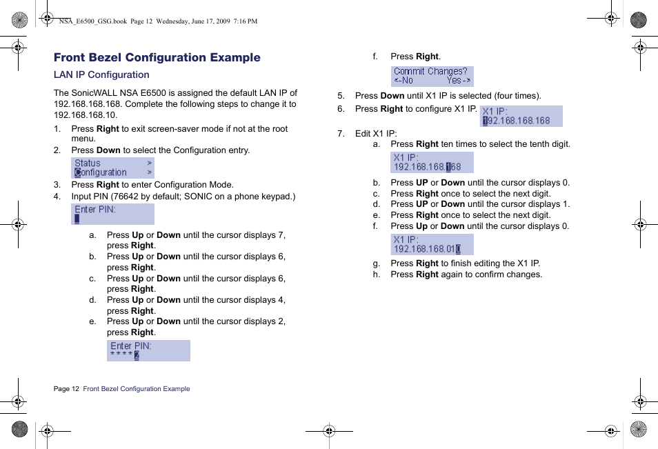 Front bezel configuration example, Lan ip configuration | SonicWALL EClass NSA E6500 User Manual | Page 13 / 78
