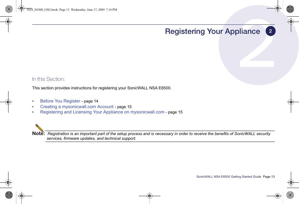 Registering your appliance | SonicWALL EClass NSA E6500 User Manual | Page 14 / 78